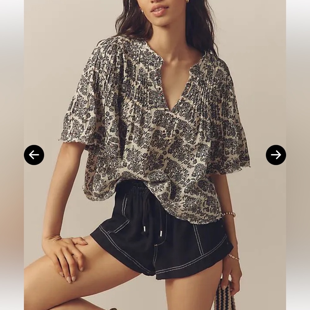 Anthropologie pintuck short sleeve 100% cotton top ivory and black